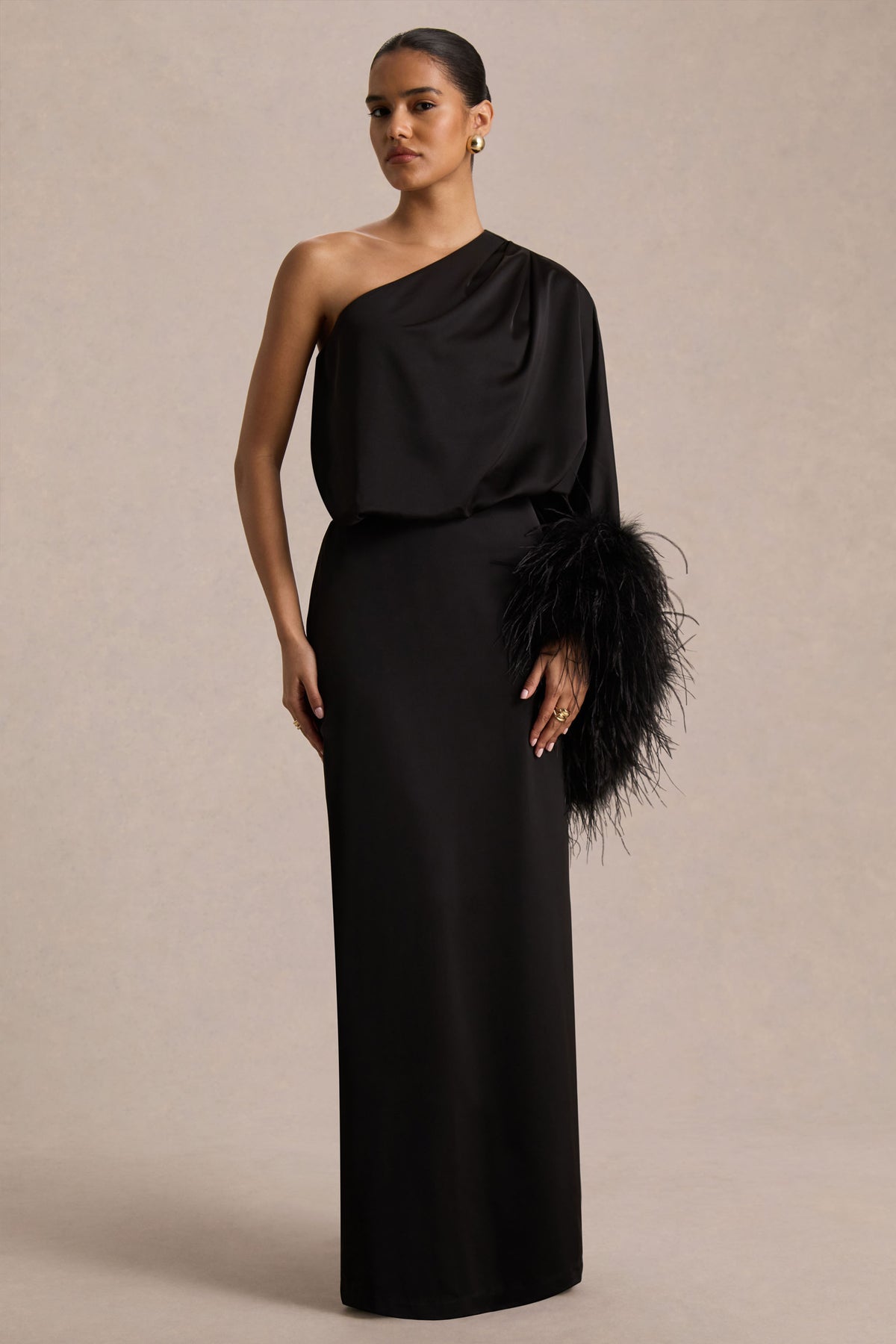 Felicity Black Satin Asymmetric-Neck Maxi Dress With Feather Detaili Club L London - USA Felicity Black Satin Asymmetric-Neck Maxi Dress With Feather Detaili Club L London - USA