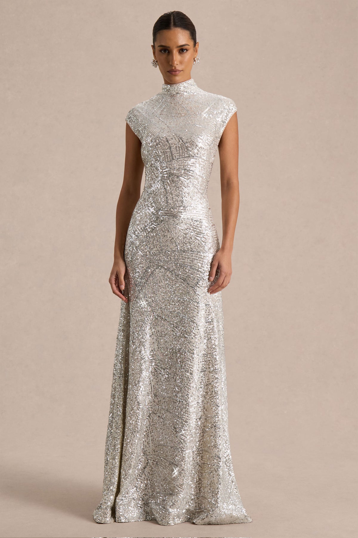 Cecy Silver Sequin High-Neck Maxi Dress With Cap Sleeves Club L London - USA Cecy Silver Sequin High-Neck Maxi Dress With Cap Sleeves Club L London - USA