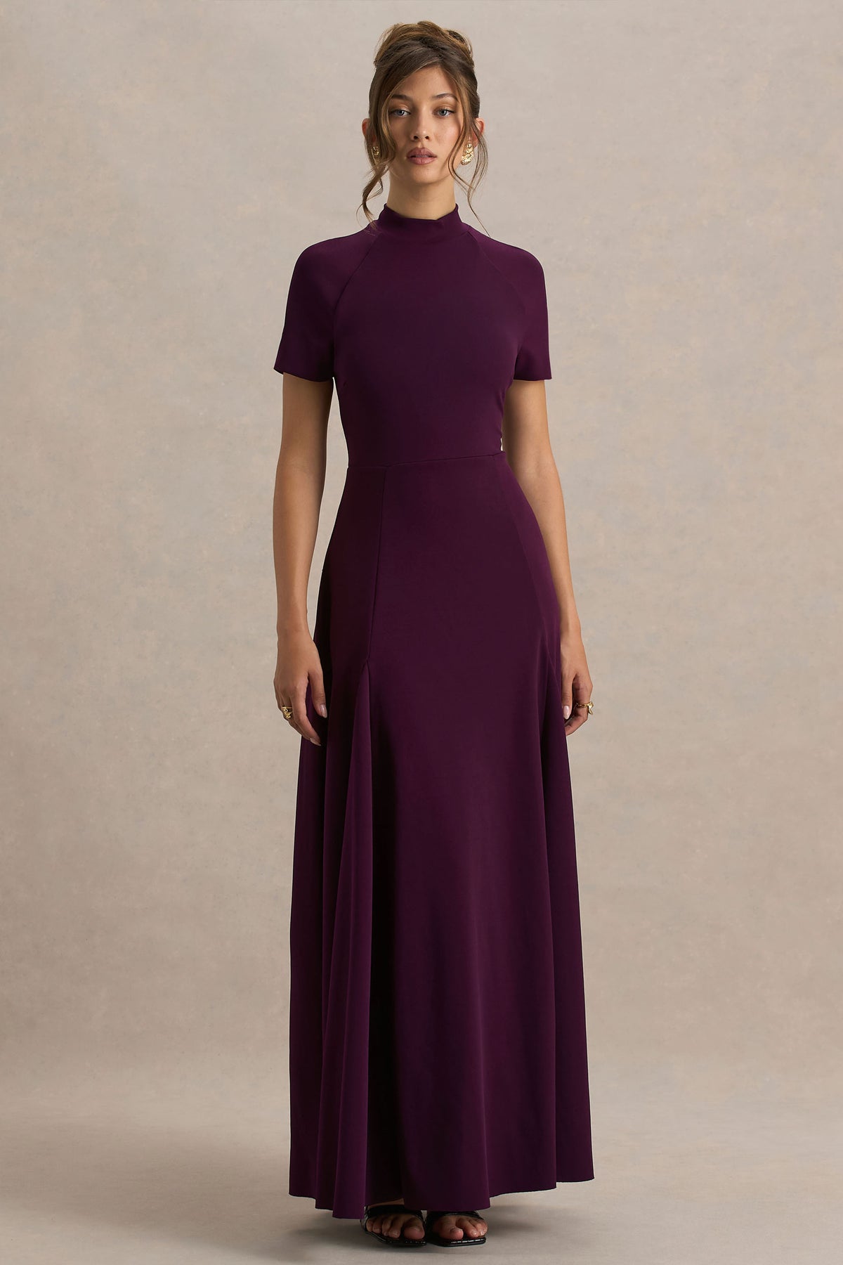 Alea | Burgundy High-Neck Short-Sleeve Maxi Dress - UK 12 PLUM Alea | Burgundy High-Neck Short-Sleeve Maxi Dress - UK 12 PLUM