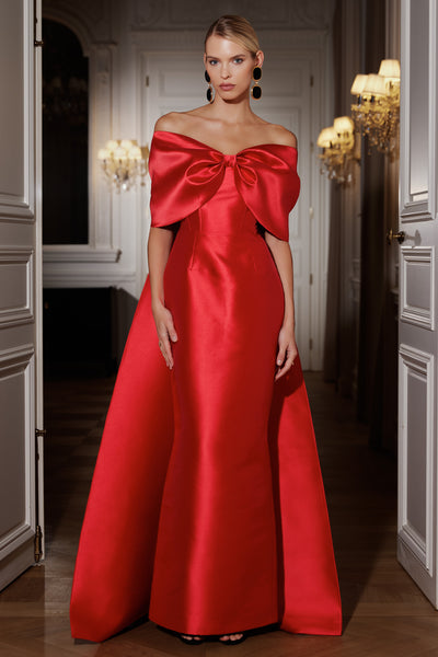 red dress with big bow Lovelzi Elegant Red Glossy Satin Off The Shoulder Wedding Guest Dress,Exaggerated Big Bow Sleeves Prom Homecoming Gown For Evening Party Valentine's Day Date