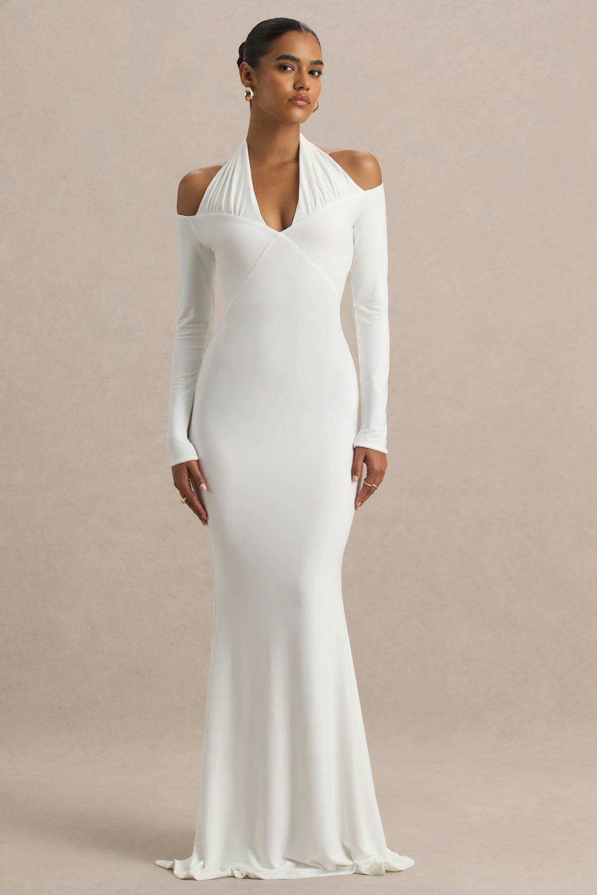 Living High | White Halter-Neck Maxi Dress With Long Sleeves - UK 8 White Living High | White Halter-Neck Maxi Dress With Long Sleeves - UK 8 White