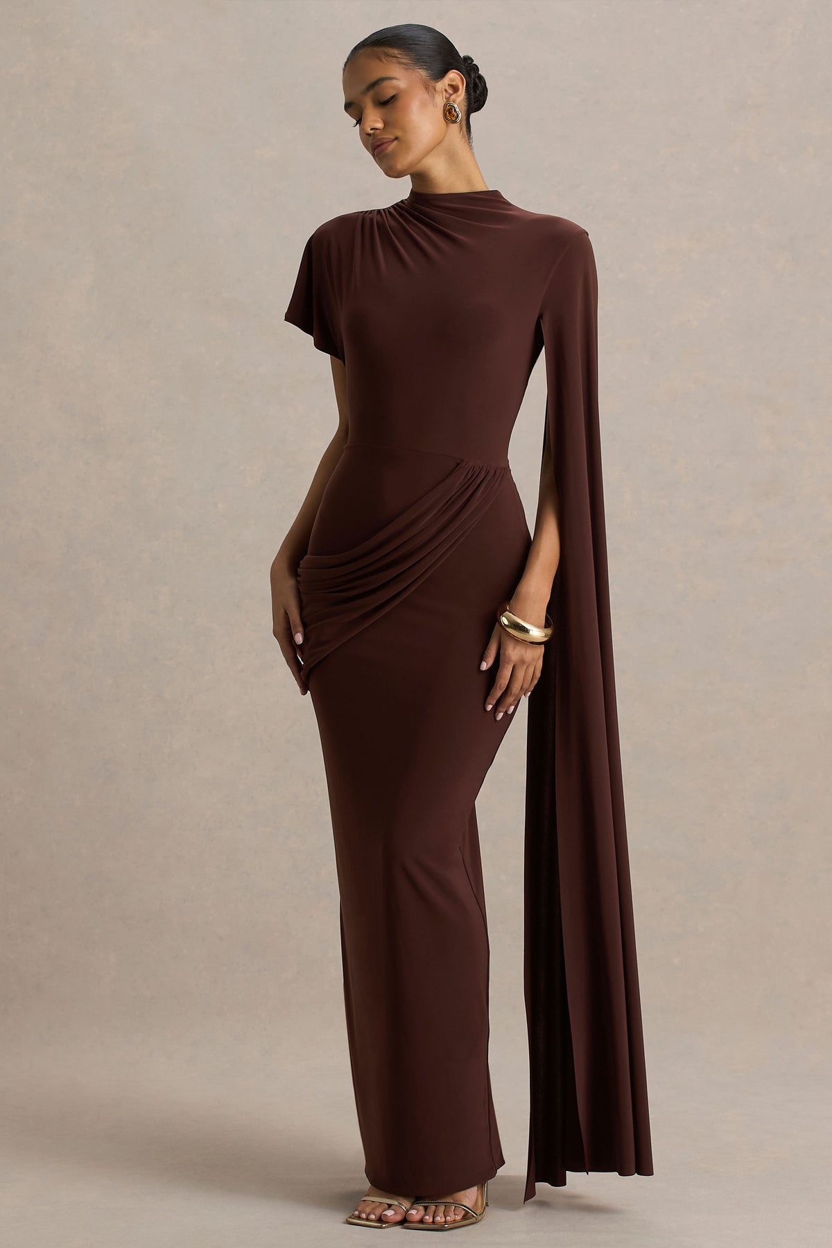 Tropic | Brown High-Neck Maxi with Long Cape Sleeve - UK 8 Chocolate Drizzle Tropic | Brown High-Neck Maxi with Long Cape Sleeve - UK 8 Chocolate Drizzle