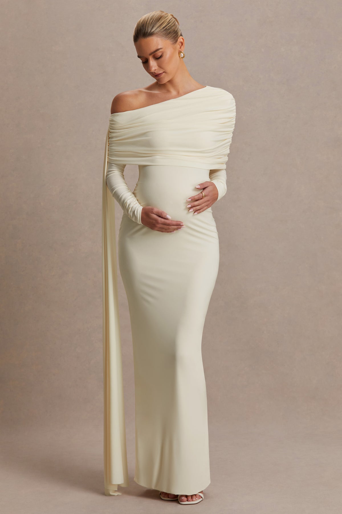 Cyra | Cream Asymmetric-Neck Maternity Maxi Dress With Sash US 4 / OFF White Cyra | Cream Asymmetric-Neck Maternity Maxi Dress With Sash US 4 / OFF White