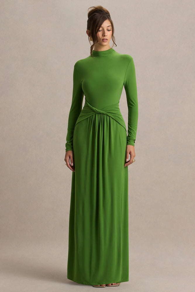 green maxi dress with sleeves Hourglass | Green Long-Sleeve Twisted Maxi Dress With Split
