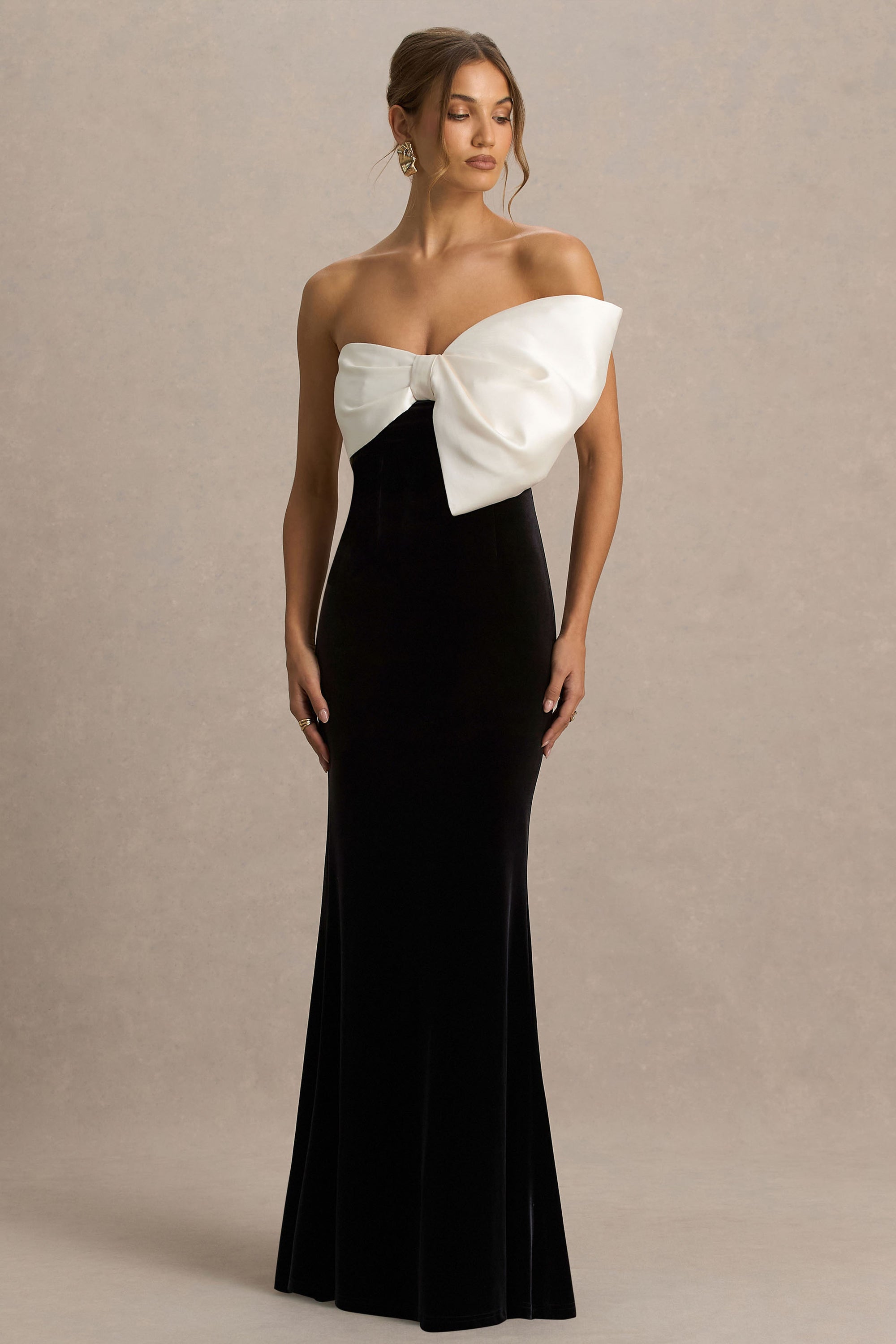 Divulge | Black AND White Velvet Asymmetric-Neck Maxi Dress With Bow Detail