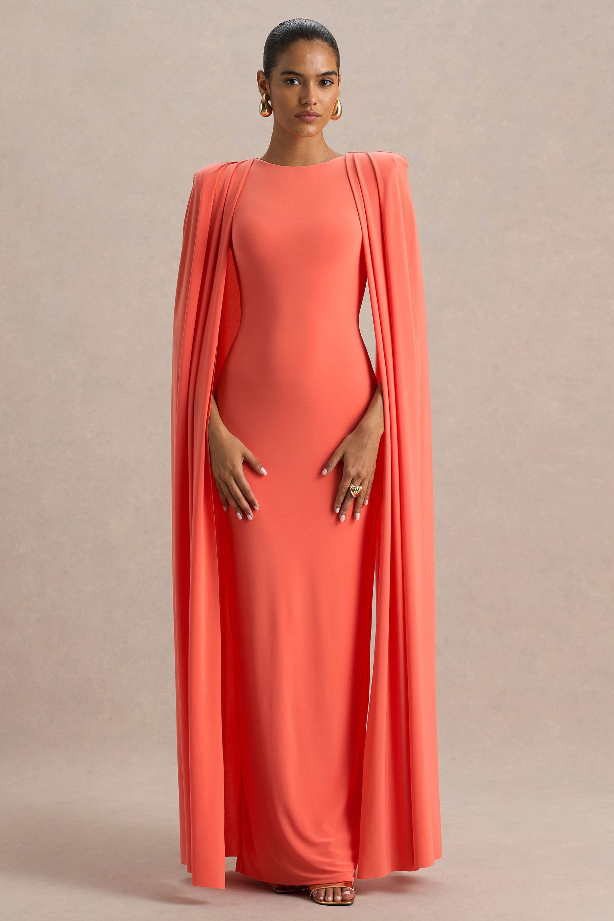 Mimi | Coral High-Neck Maxi Dress With Cape Sleeve Detail – Club L London