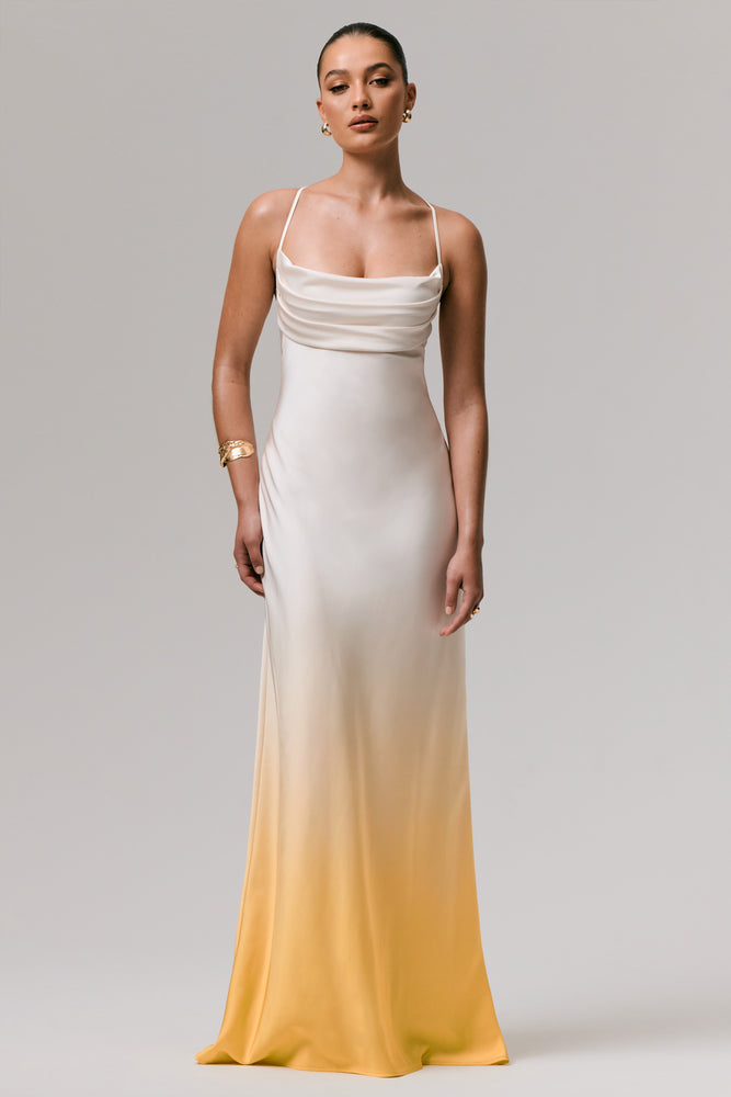 Lucie Yellow Ombre Satin Cowl-Neck Maxi Dress Club L London - USA Lucie Yellow Ombre Satin Cowl-Neck Maxi Dress Club L London - USA