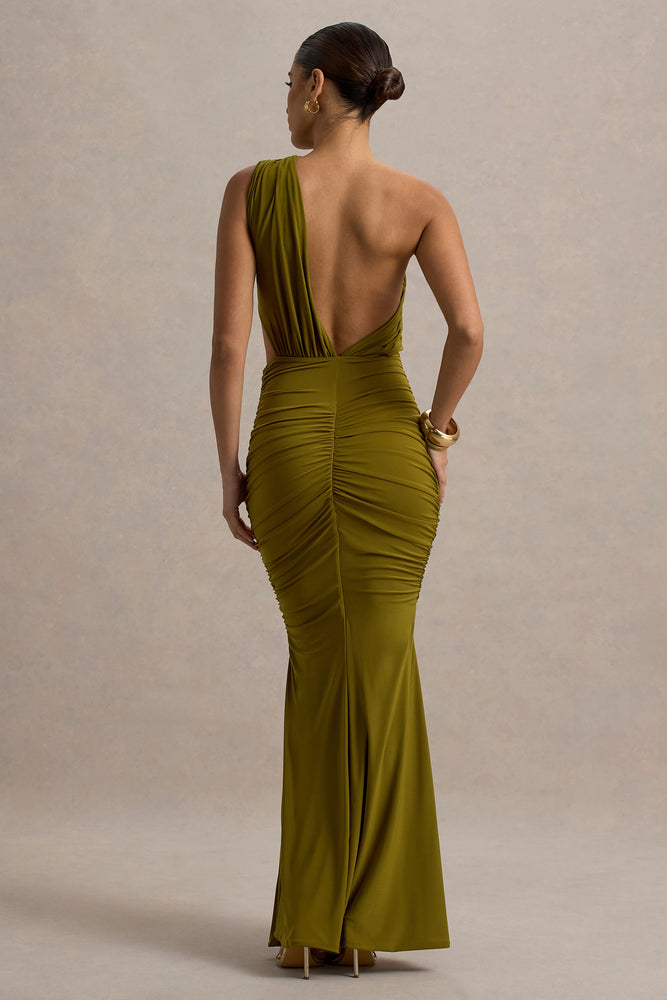 Beline Green One-Shoulder Cut-Out Maxi Dress With Drape – Club L London