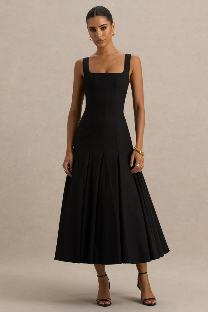 Magnolia | Black Scoop-Neck Midi Dress with Drop-Waist and Ruffling Detail