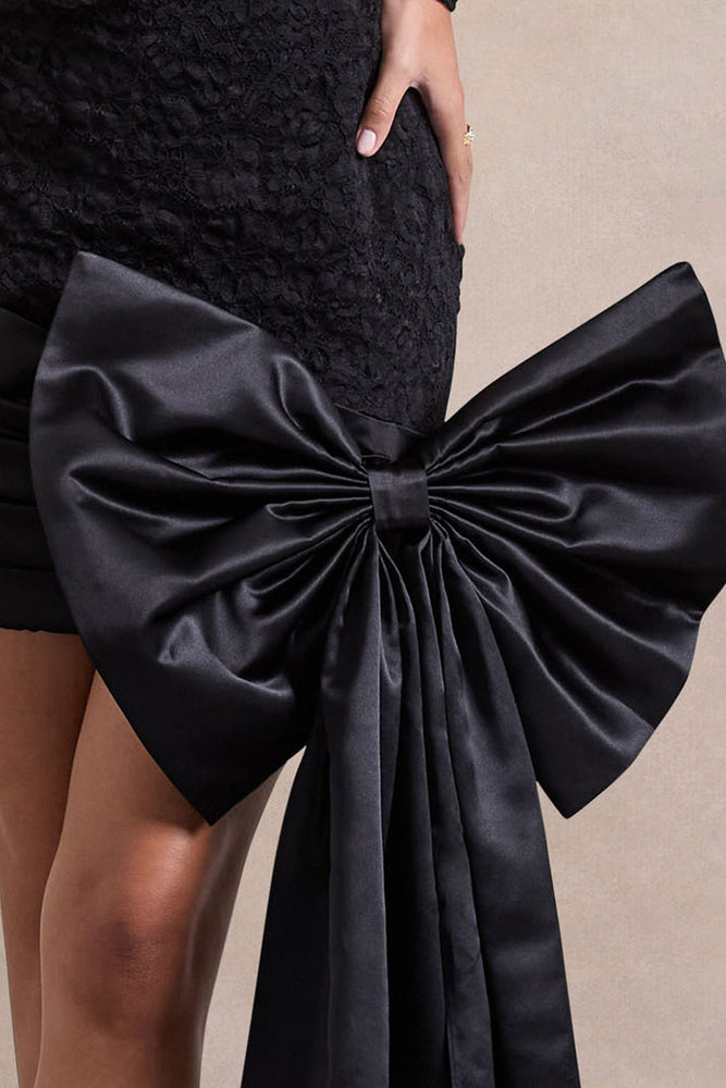 black long sleeve dress with bow Evry | Black Lace Long-Sleeve Mini Dress With Oversized Satin Bow