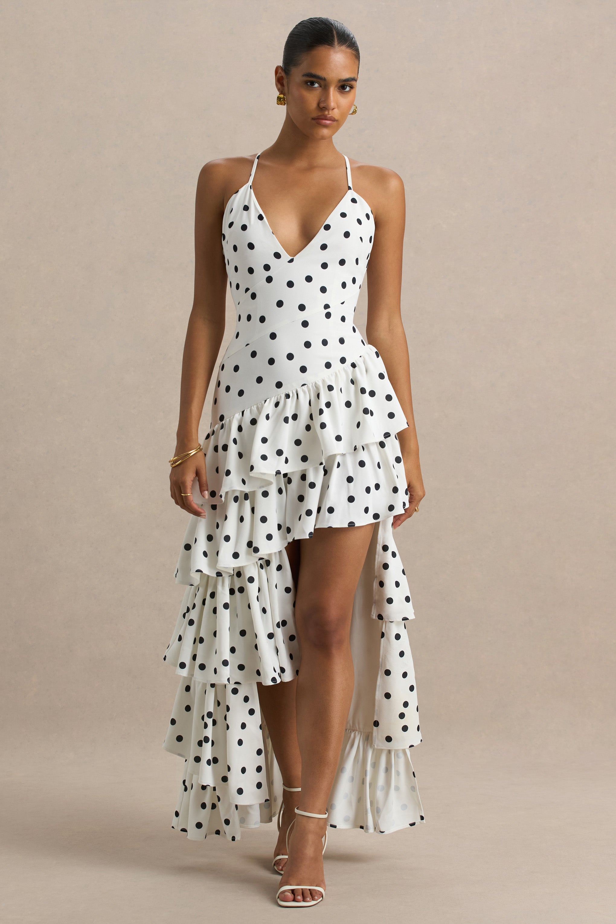 Bogota | Polka Dot Plunge-Neck Maxi Dress With Ruffling Details