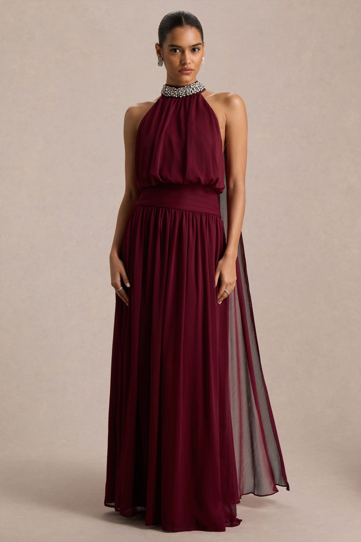 Marie | Burgundy Halter-Neck Maxi Dress with Embellished Detailing - UK 12 Burgundy Marie | Burgundy Halter-Neck Maxi Dress with Embellished Detailing - UK 12 Burgundy