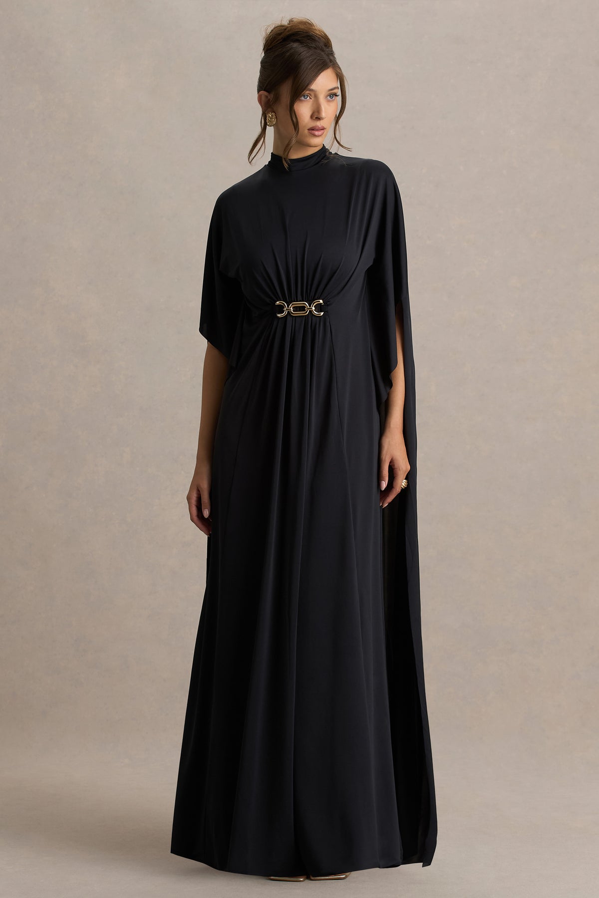 Olessia Black Belted Gathered Cape-Sleeve Maxi Dress Club L London - USA Olessia Black Belted Gathered Cape-Sleeve Maxi Dress Club L London - USA