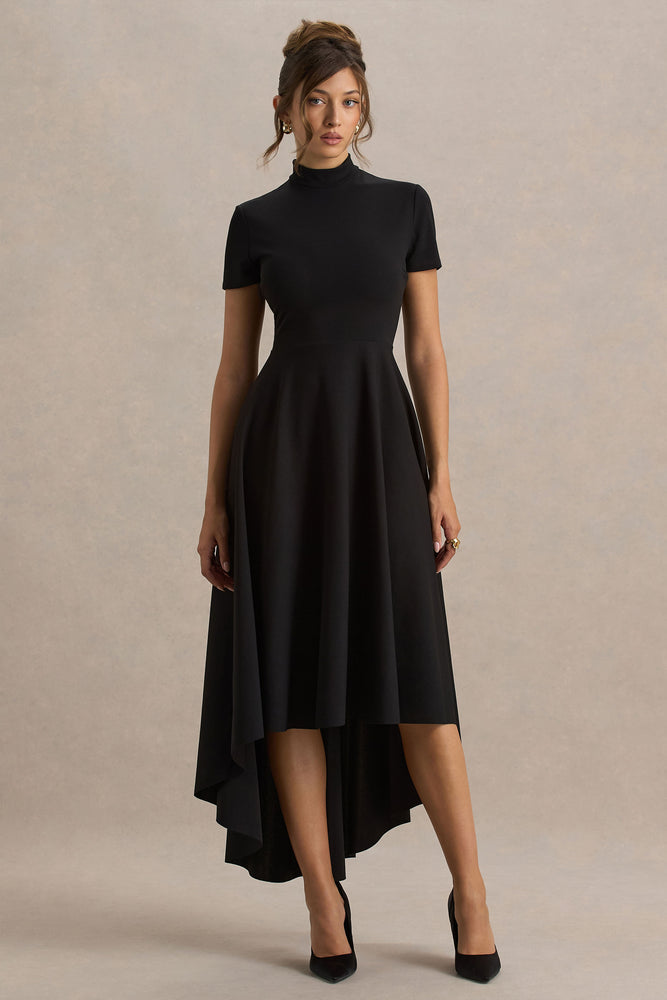 Bellona Black High-Neck High-Low Midi Dress – Club L London