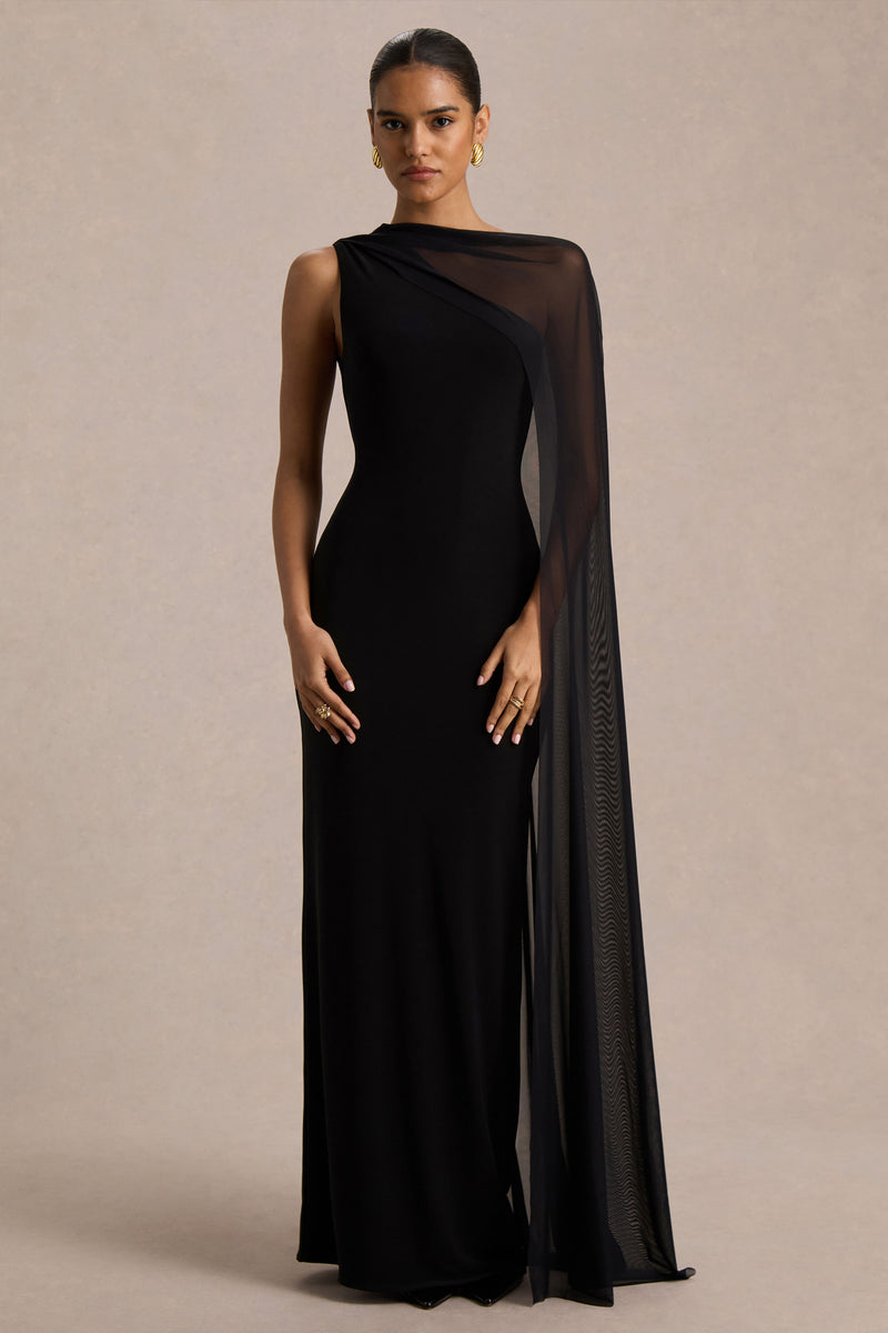 Mirelle Black Asymmetric-Neck Maxi Dress With Sheer Cape-Sleeve – Club