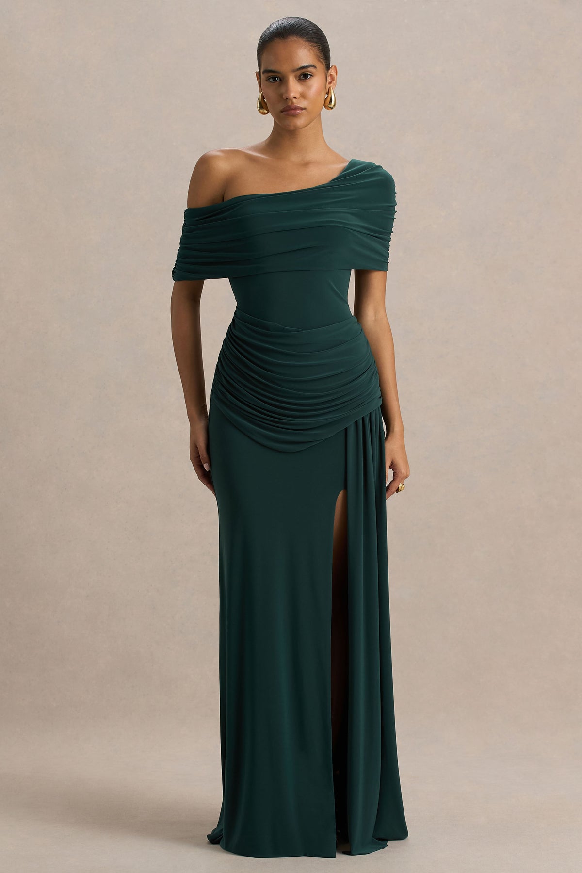 Dynasty | Dark Green Asymmetric-Neck Maxi Dress With Ruched Detailing And Front High-Split - UK 8 Pine Green Dynasty | Dark Green Asymmetric-Neck Maxi Dress With Ruched Detailing And Front High-Split - UK 8 Pine Green