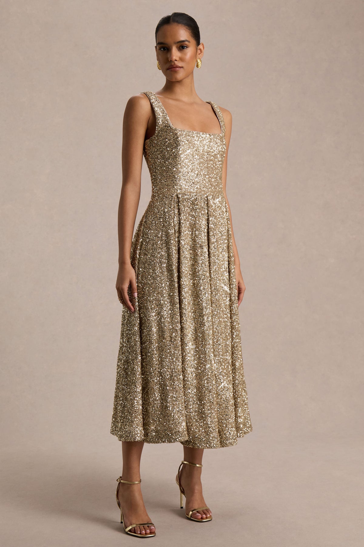 Lima | Champagne Sequin Square-Neck A-Line Midi Dress