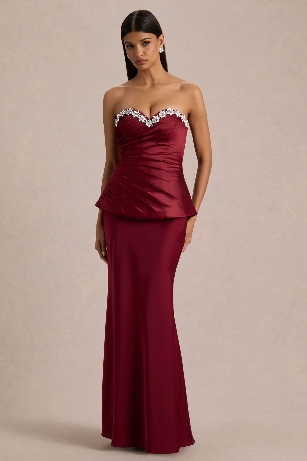 Milia Burgundy Satin Hand-Embellished Strapless Corset Maxi Dress Club L London - USA Milia Burgundy Satin Hand-Embellished Strapless Corset Maxi Dress Club L London - USA