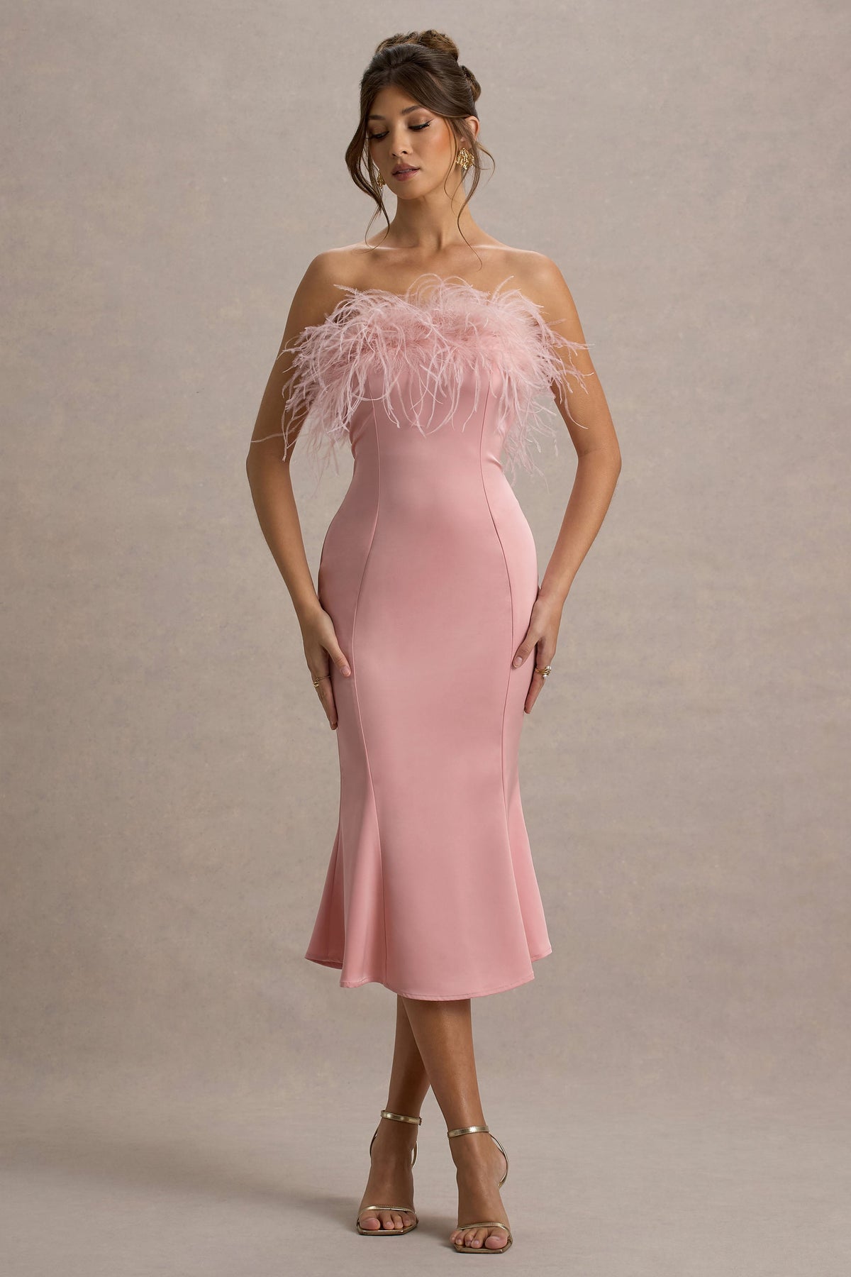 One And Only Light Pink Satin Feather Trim Bandeau Midi Dress Club L London - USA One And Only Light Pink Satin Feather Trim Bandeau Midi Dress Club L London - USA