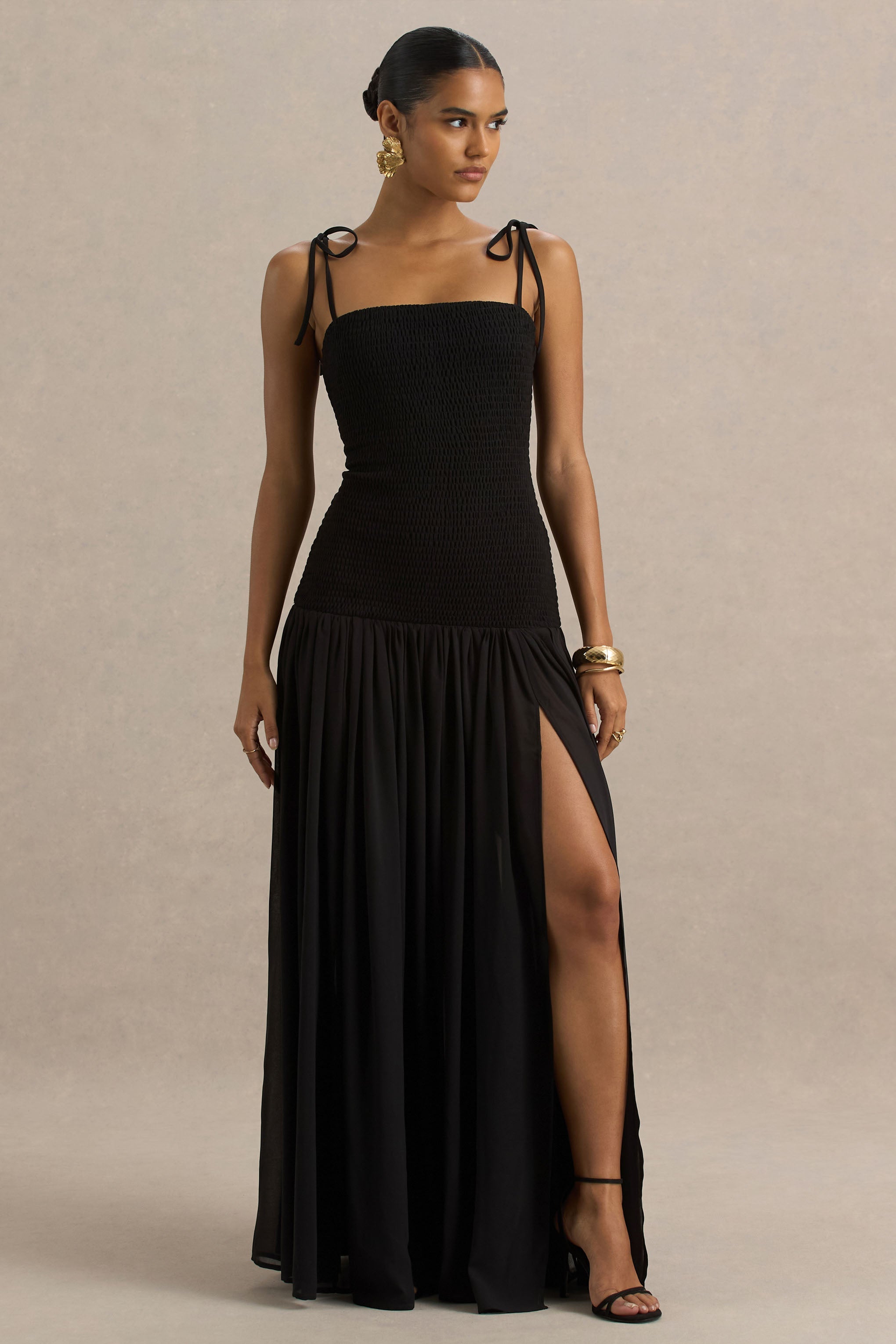 Maeva | Black Square-Neck Fishtail Maxi Dress With Ruched