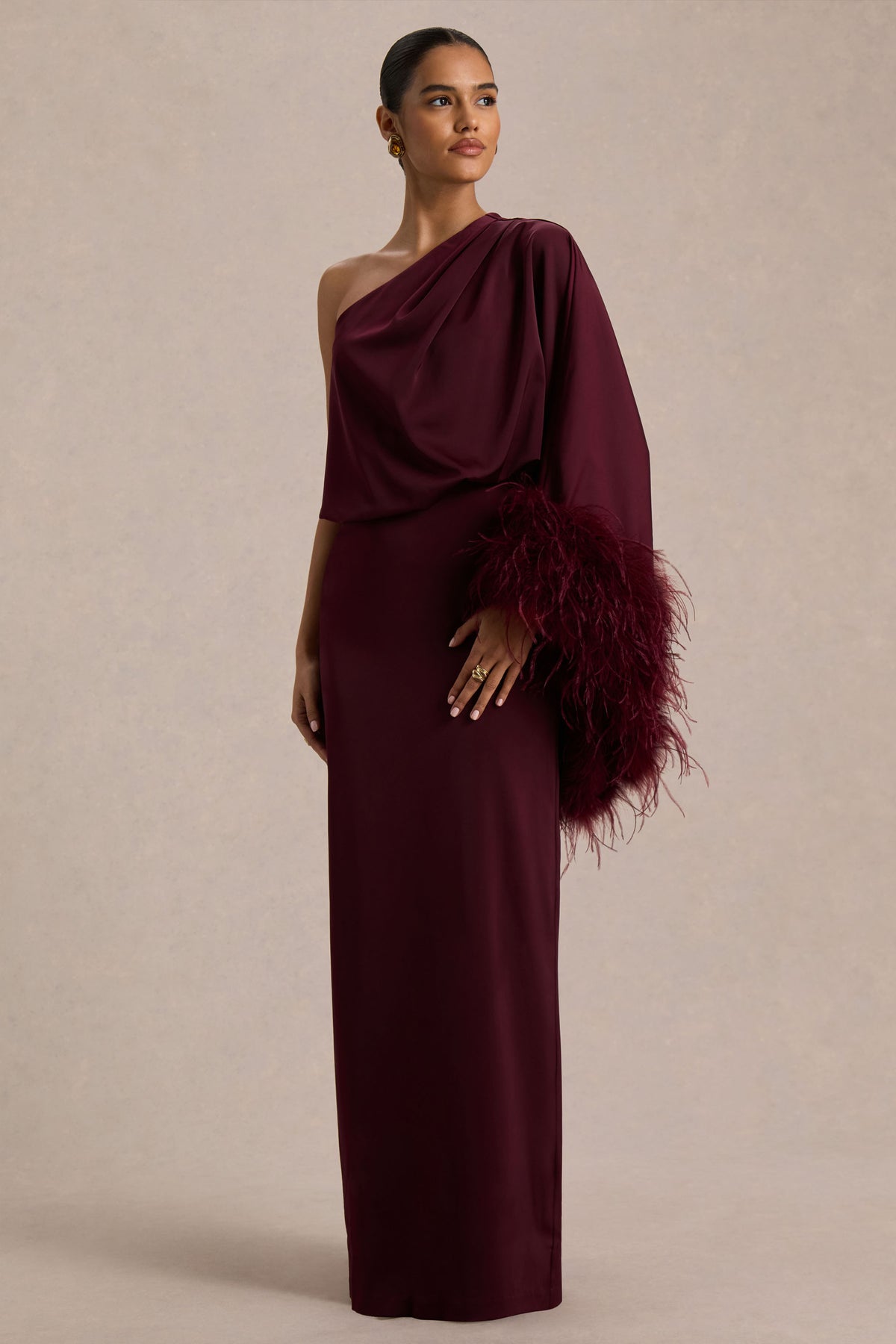 Felicity Burgundy Satin Asymmetric-Neck Maxi Dress With Feather Deta Club L London - USA Felicity Burgundy Satin Asymmetric-Neck Maxi Dress With Feather Deta Club L London - USA