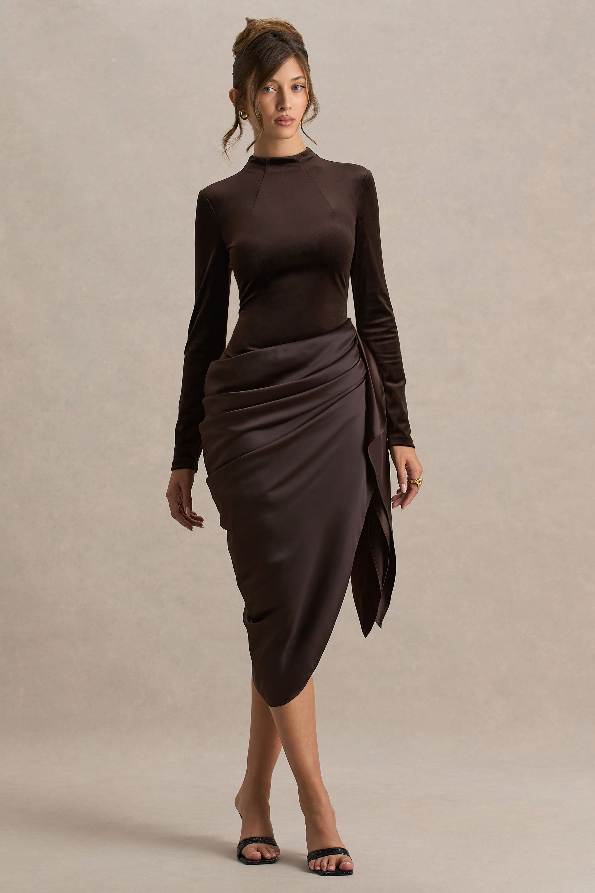 Sasha | Brown Satin And Velvet Midi Dress With Wrap-Detail – Club