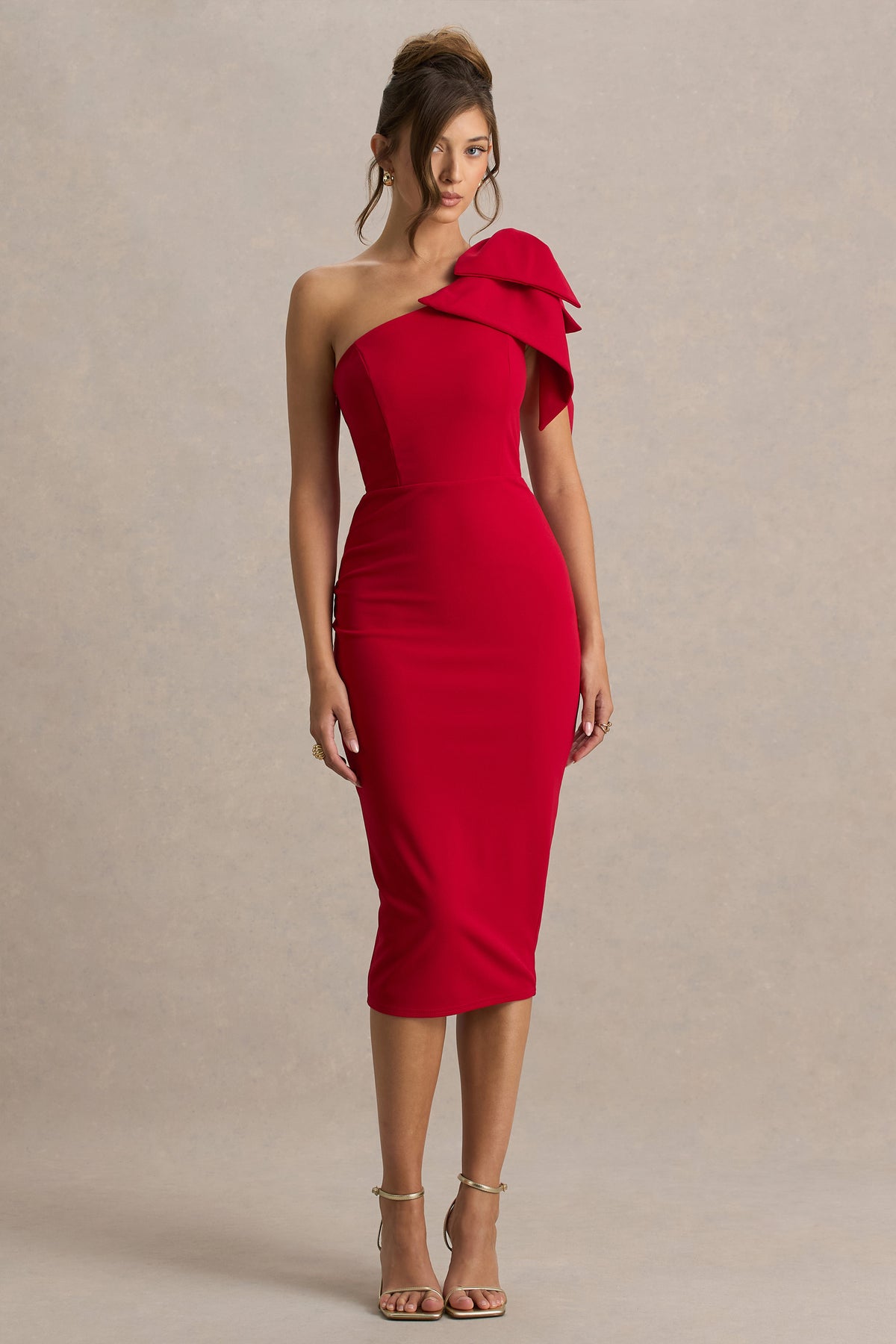 Ambretta Red One-Shoulder Midi Dress With Bow Club L London - USA Ambretta Red One-Shoulder Midi Dress With Bow Club L London - USA