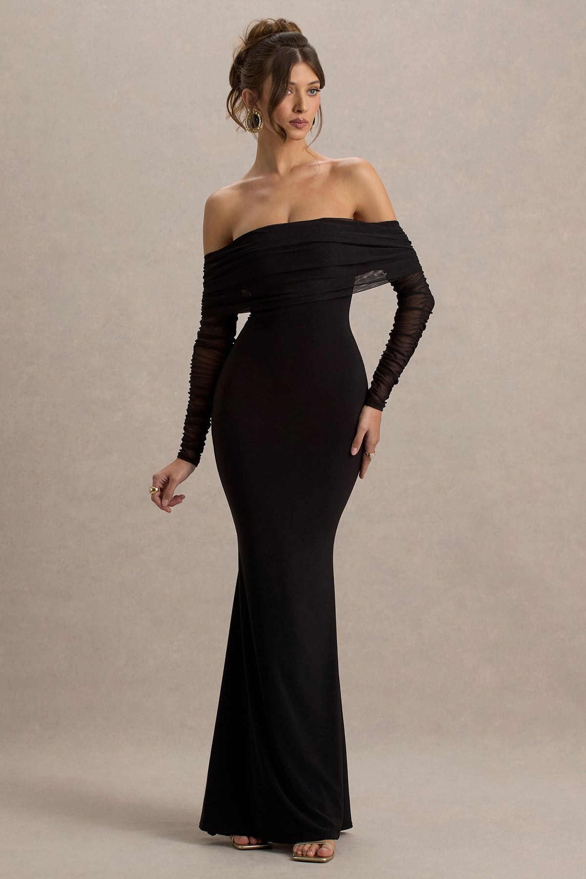 Madeleine | Black Fishtail Maxi Dress With Bardot Mesh Long Sleeves - UK 12 Black Madeleine | Black Fishtail Maxi Dress With Bardot Mesh Long Sleeves - UK 12 Black