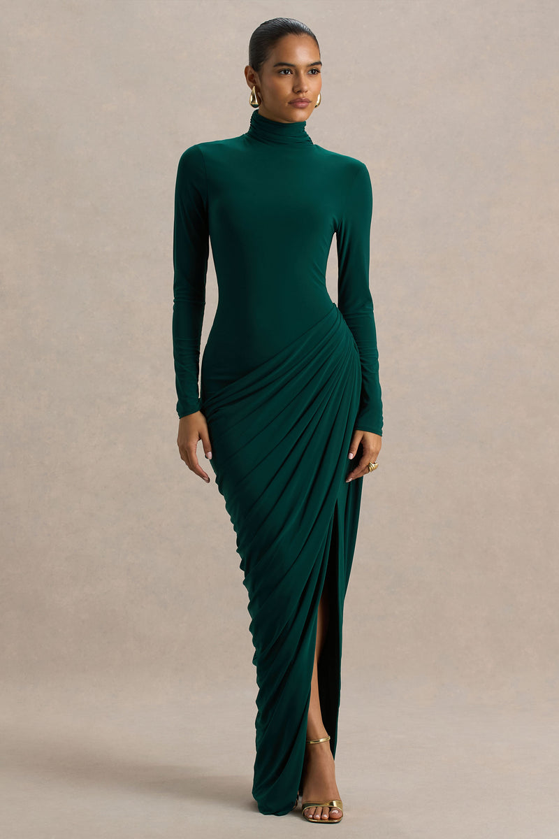 Lesley | Bottle Green Plunge-Neck Maxi Dress