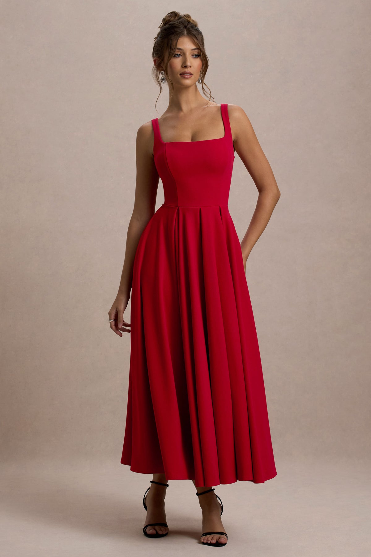 Parina Red Strappy Volume-Hem Midi Dress Club L London - USA Parina Red Strappy Volume-Hem Midi Dress Club L London - USA