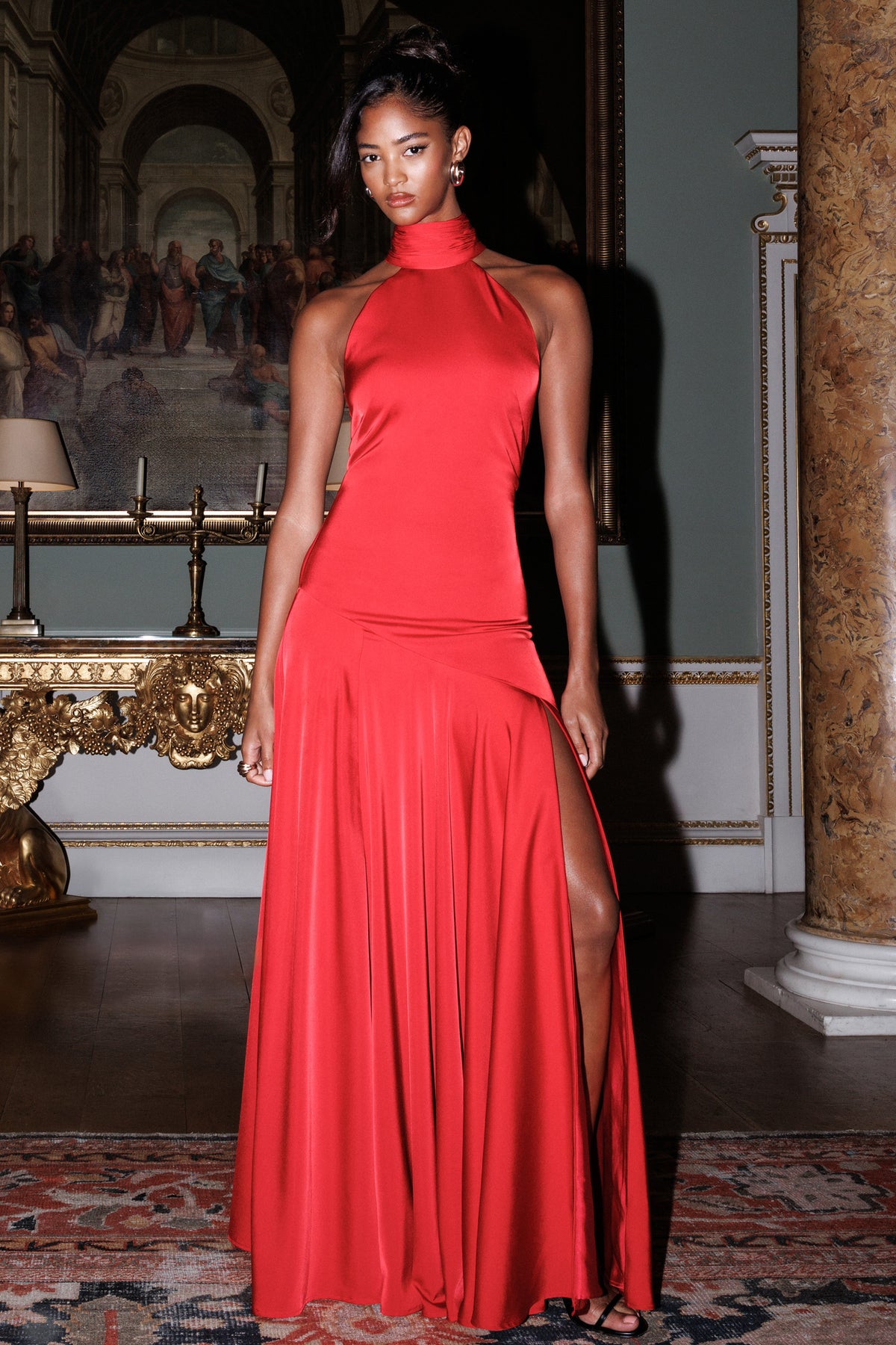Luscious Red High-Neck Maxi Dress With Drop-Waist And Bow Detail Club L London - USA Luscious Red High-Neck Maxi Dress With Drop-Waist And Bow Detail Club L London - USA