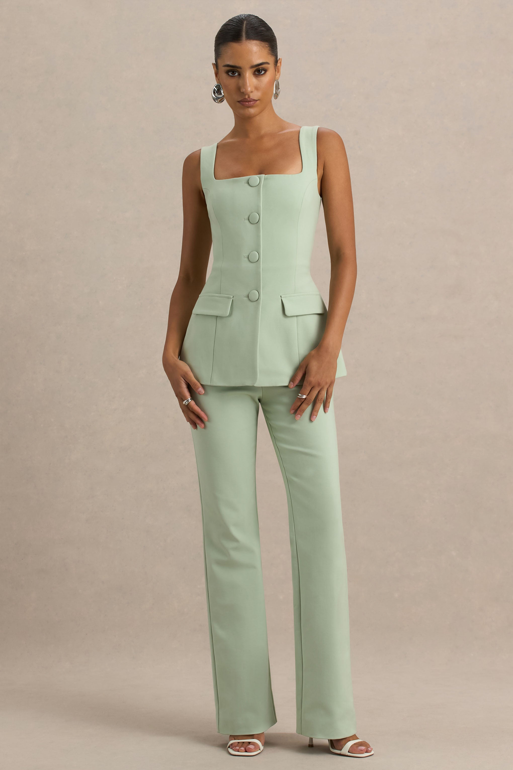 Aceline | Light Green Square-Neck Tailored Jumpsuit – Club L