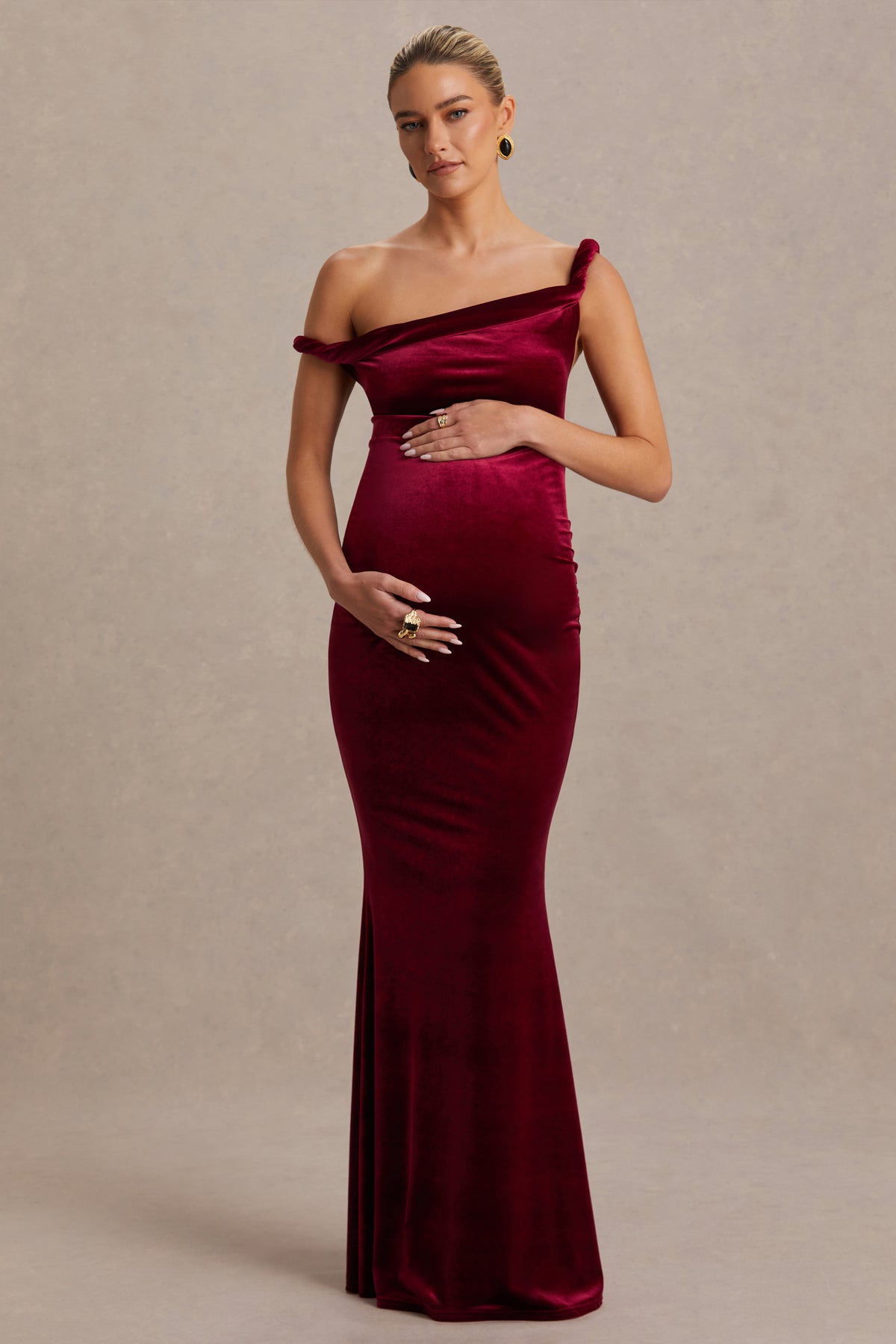 Tallulah Burgundy Velvet Asymmetric-Neck Maternity Maxi Dress With T Club L London - USA Tallulah Burgundy Velvet Asymmetric-Neck Maternity Maxi Dress With T Club L London - USA