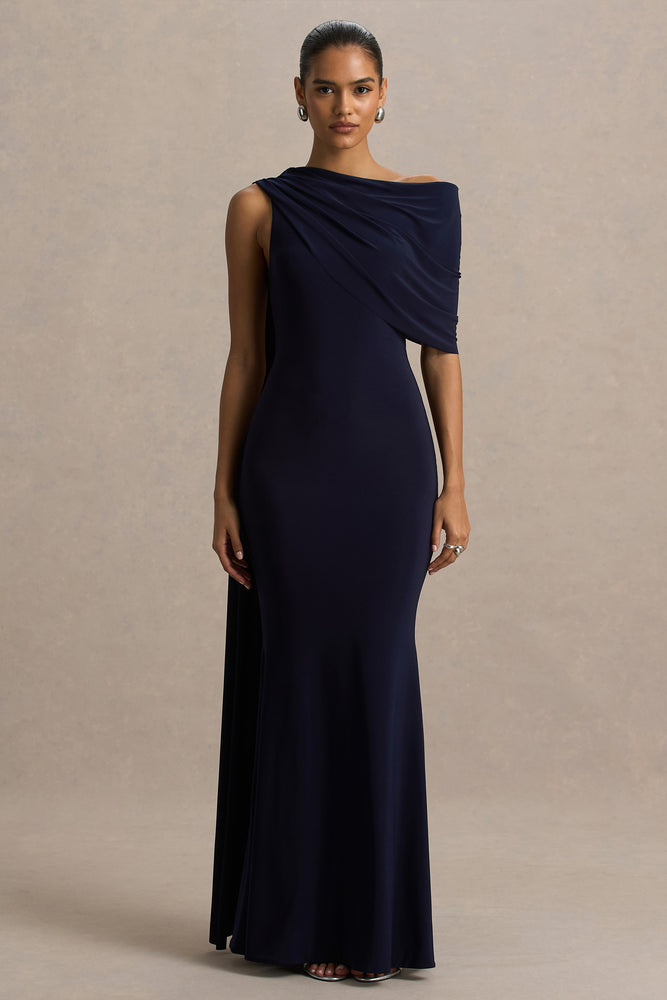 white christmas dresses Tiana | Navy Asymmetric-Neck Maxi Dress with Drape-detail