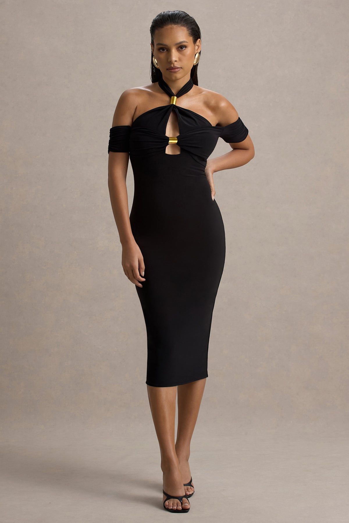 Selvina Black Cut-Out Halter-Neck Midi Dress Club L London - USA Selvina Black Cut-Out Halter-Neck Midi Dress Club L London - USA