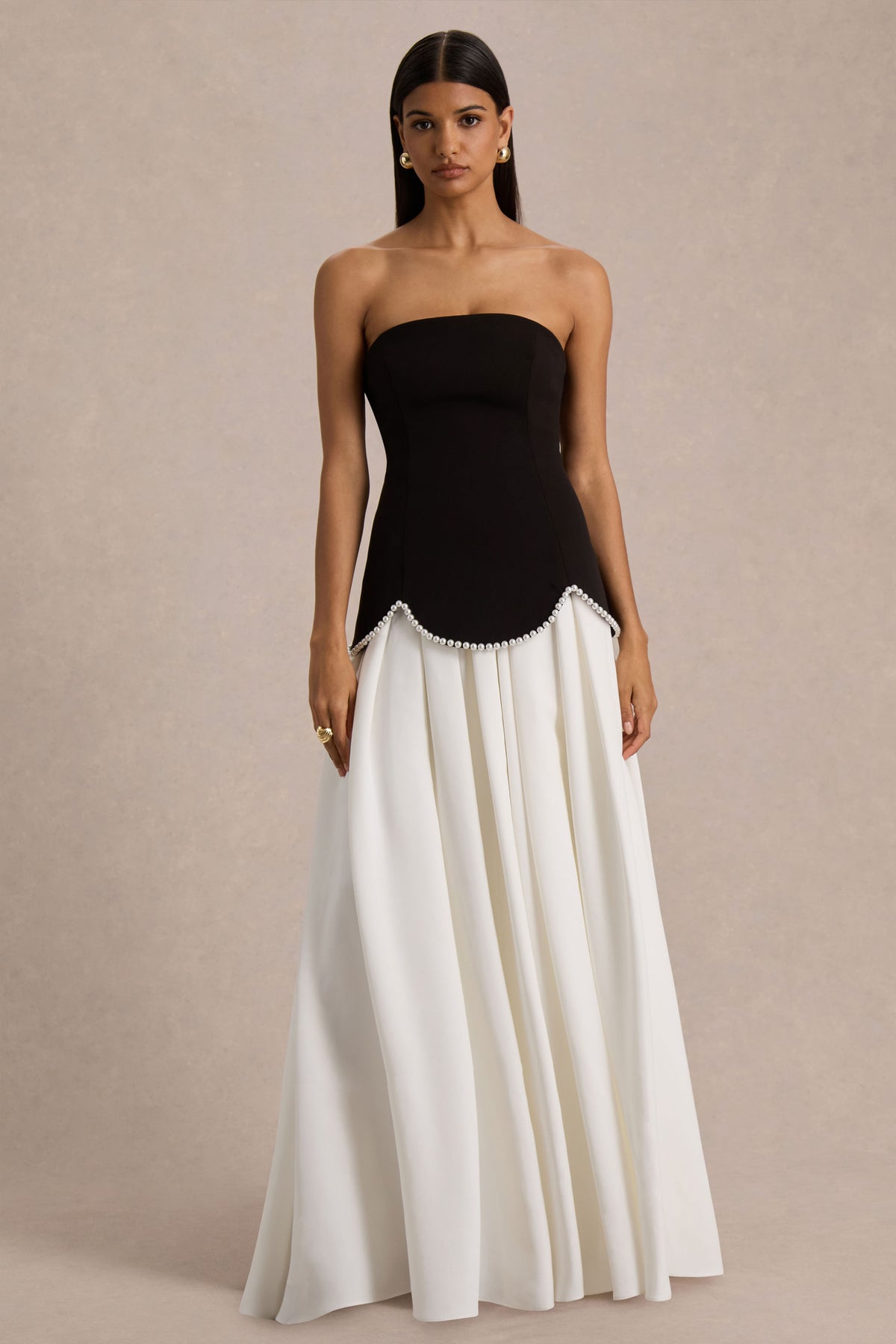 black and white dress strapless Wendy Black And White Maxi Dress With Drop-Waist And Pearl Embellish – Club L London