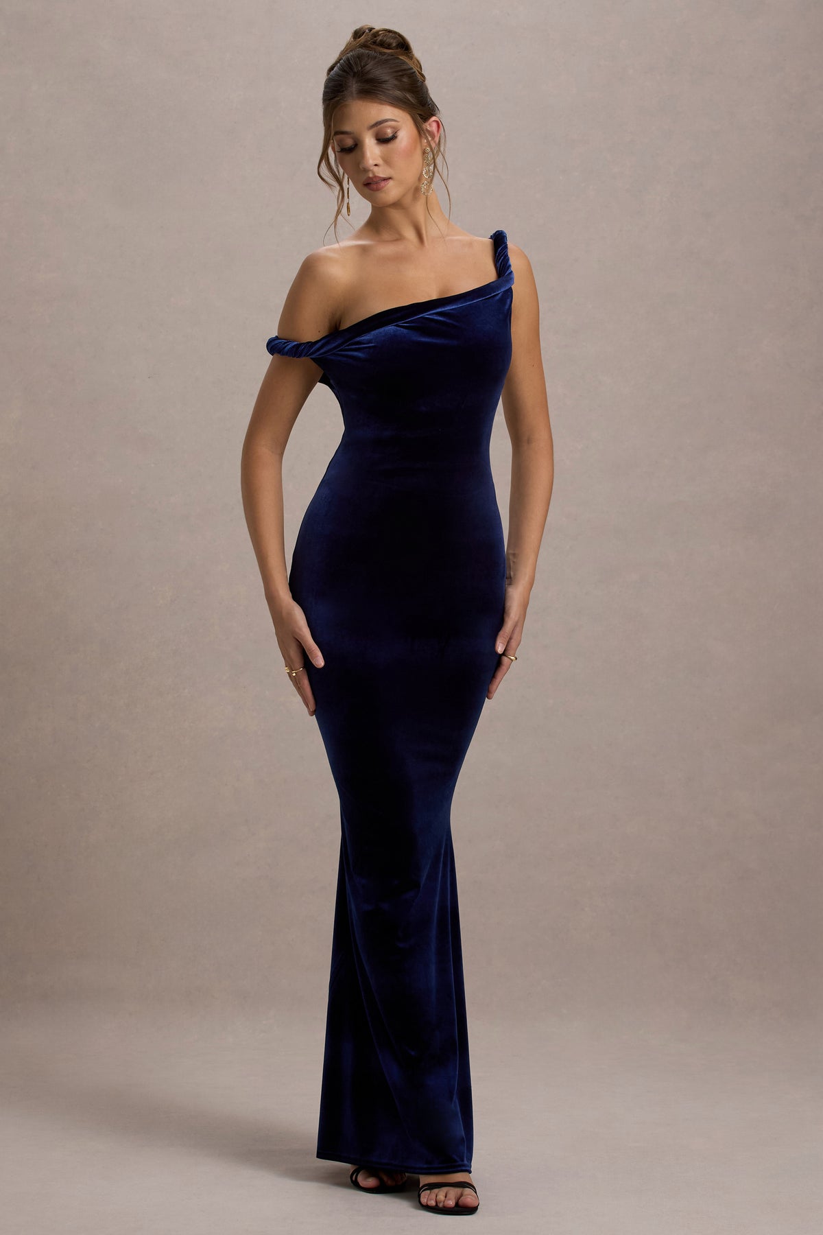 Neeka | Navy Velvet Twisted Asymmetric Maxi Dress - UK 4 Navy Neeka | Navy Velvet Twisted Asymmetric Maxi Dress - UK 4 Navy