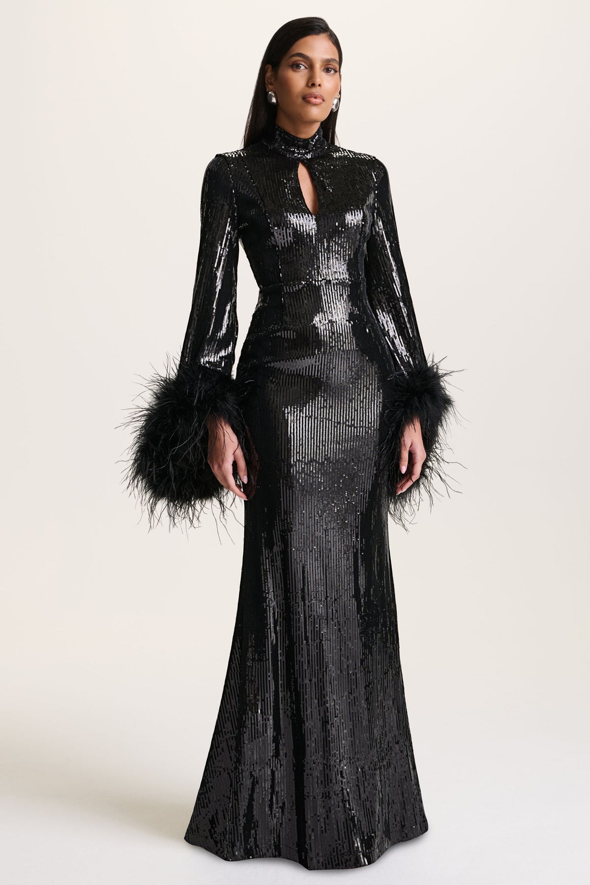 Cosmic Star | Black Sequin High-Neck Maxi Dress With Feather Cuffs - UK 6 Black Cosmic Star | Black Sequin High-Neck Maxi Dress With Feather Cuffs - UK 6 Black
