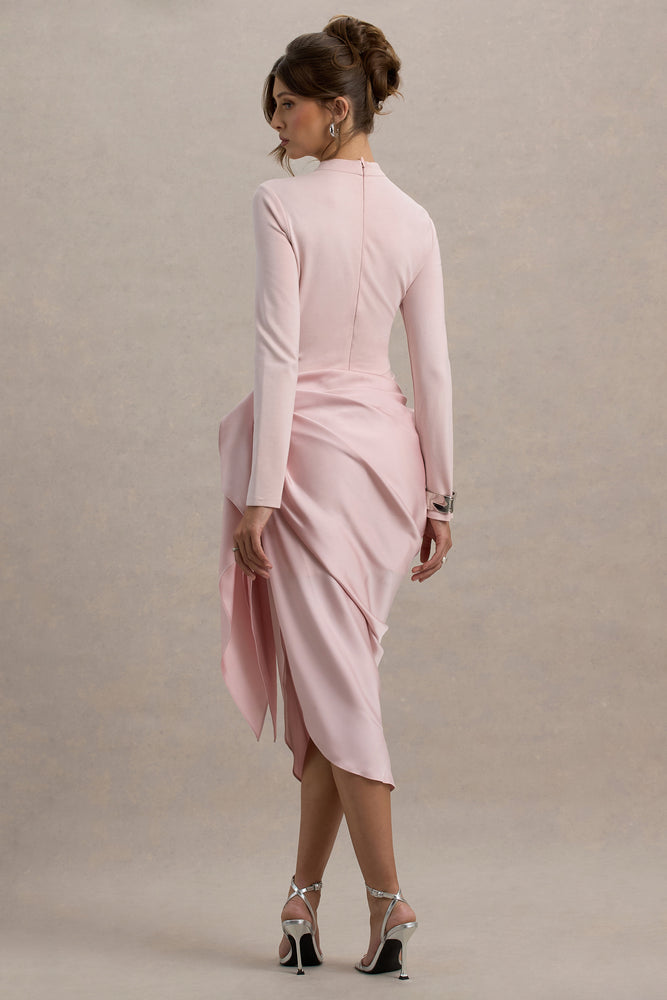 Raffie Pink Long-Sleeve Midi Dress With Satin Wrap Skirt – Club L London