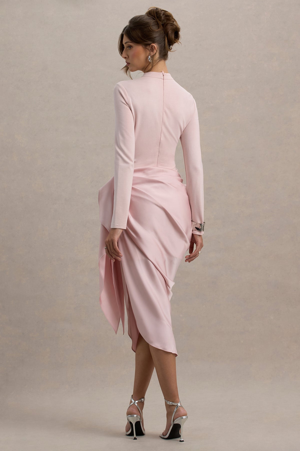 Raffie | PINK Long-Sleeve Midi Dress With Satin Wrap Skirt US 8 / PINK Raffie | PINK Long-Sleeve Midi Dress With Satin Wrap Skirt US 8 / PINK