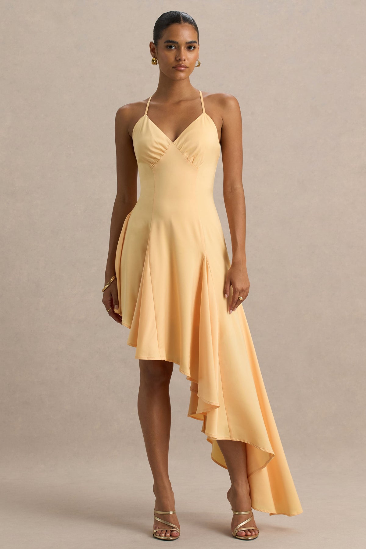 Glint Peach Satin Plunge-Neck Maxi Dress With Asymmetric Hem Club L London - USA Glint Peach Satin Plunge-Neck Maxi Dress With Asymmetric Hem Club L London - USA