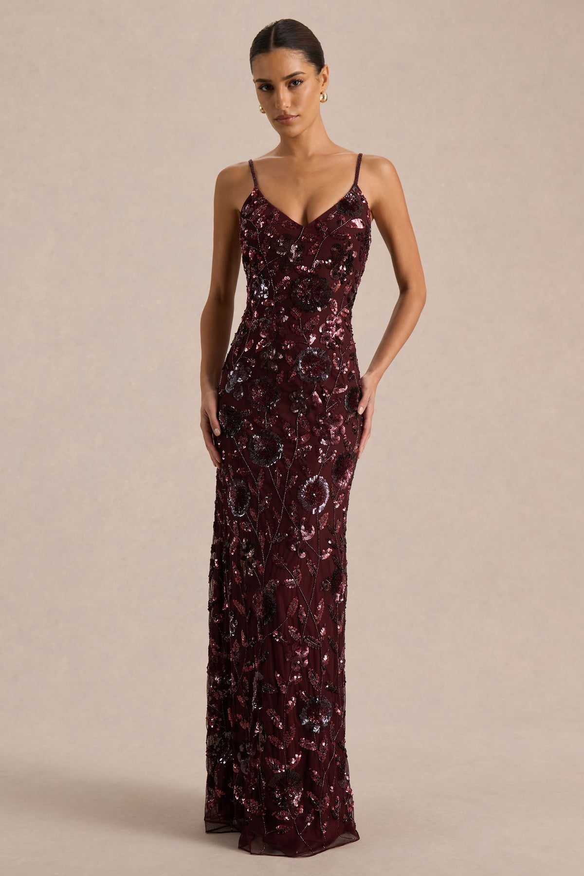 Gemini | Burgundy Floral Sequin Embellished Strappy Maxi Dress - UK 8 Burgundy Gemini | Burgundy Floral Sequin Embellished Strappy Maxi Dress - UK 8 Burgundy
