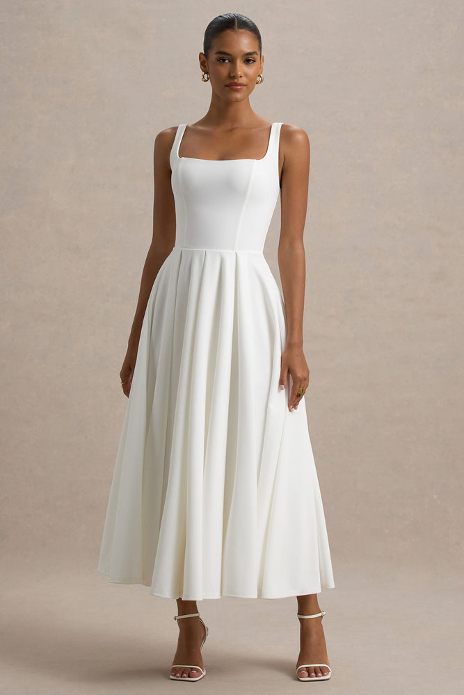 オールインワン・サロペット P.A.R.O.S.H. Classic White Cotton Midi Dress Parina White Strappy Volume-Hem Midi Dress – Club L London - USA