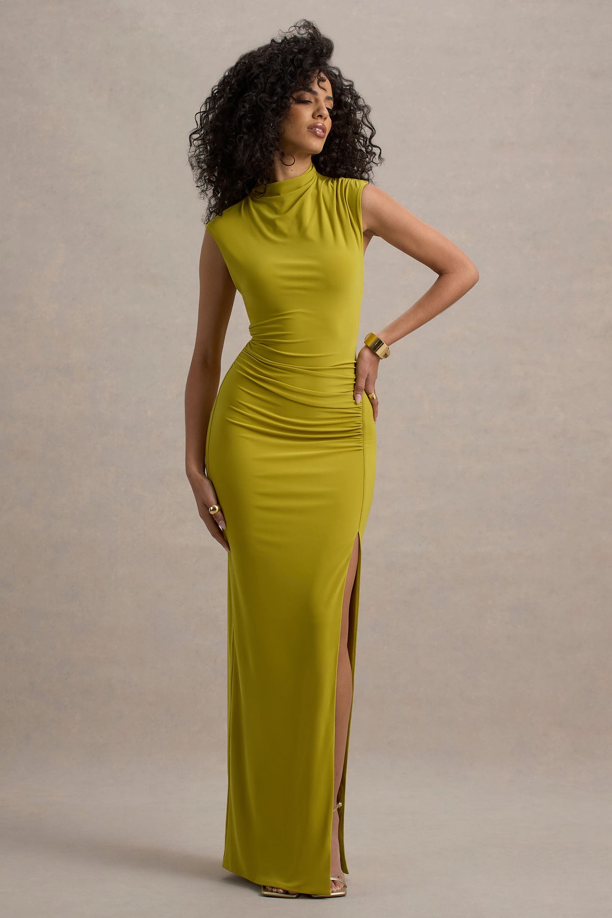 Cocktail Dress Olive Green Club Dress Lanetta Green Ruched High-Neck Maxi Dress With Split Club Cocktail Dress Olive Green Club Dress Lanetta Green Ruched High-Neck Maxi Dress With Split Club