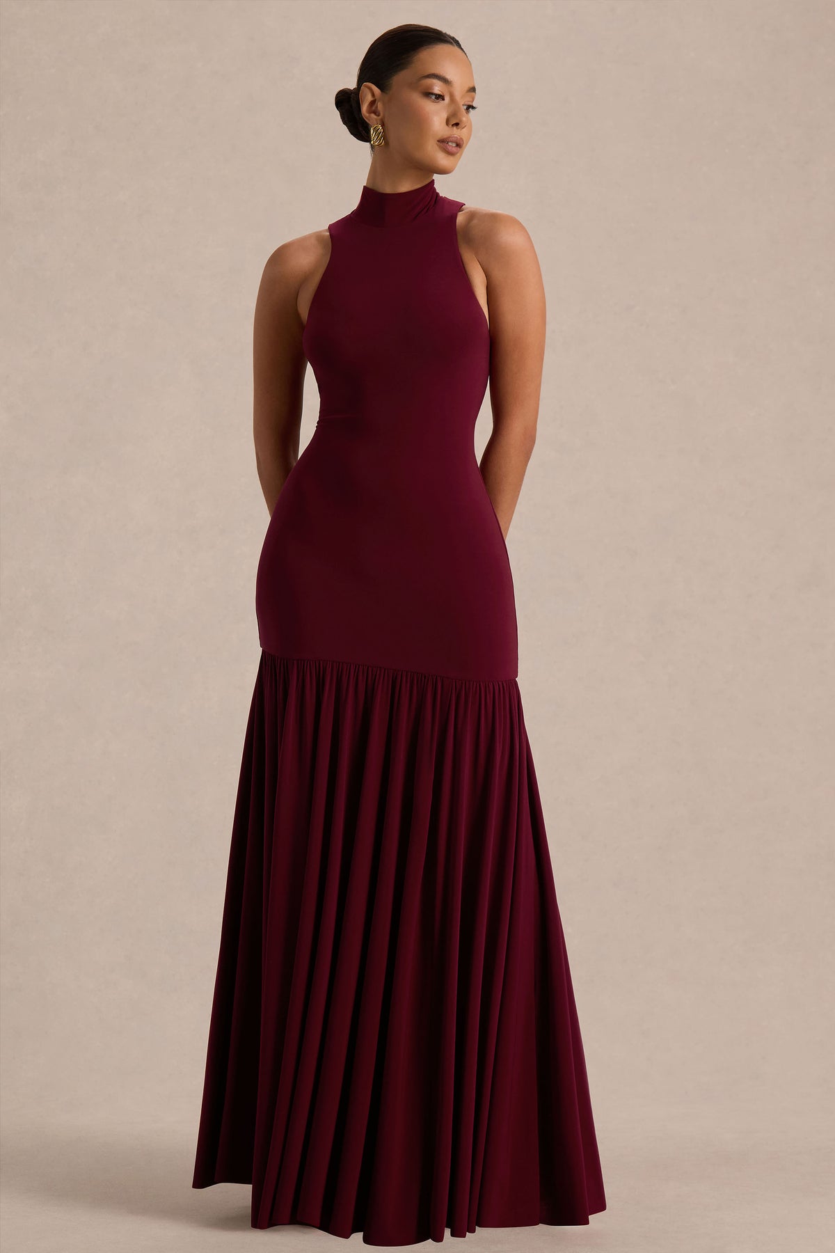 Tasmin | Burgundy High-Neck Maxi Dress With Drop-Waist - UK 14 Burgundy Tasmin | Burgundy High-Neck Maxi Dress With Drop-Waist - UK 14 Burgundy