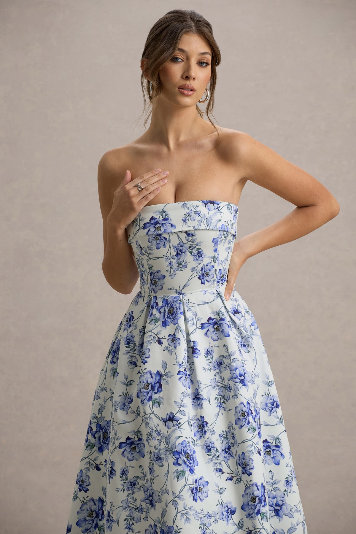 Annalise | Blue Floral Print Bandeau Skater Midi Dress