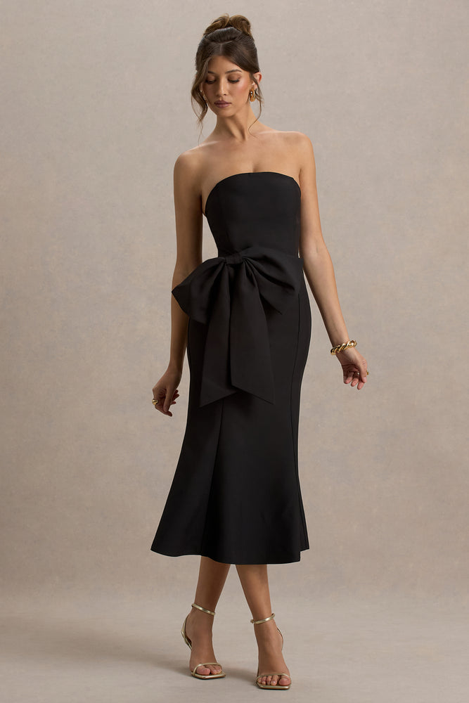 To Me | Black Bandeau Midi Dress With Oversized Bow - UK 12 Black To Me | Black Bandeau Midi Dress With Oversized Bow - UK 12 Black