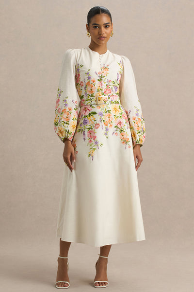 dahlia embroidered maxi dress | White Floral Border Print High-Neck Midi look fabric Does anyone have a Colour:Heather High Cover 2025 w10