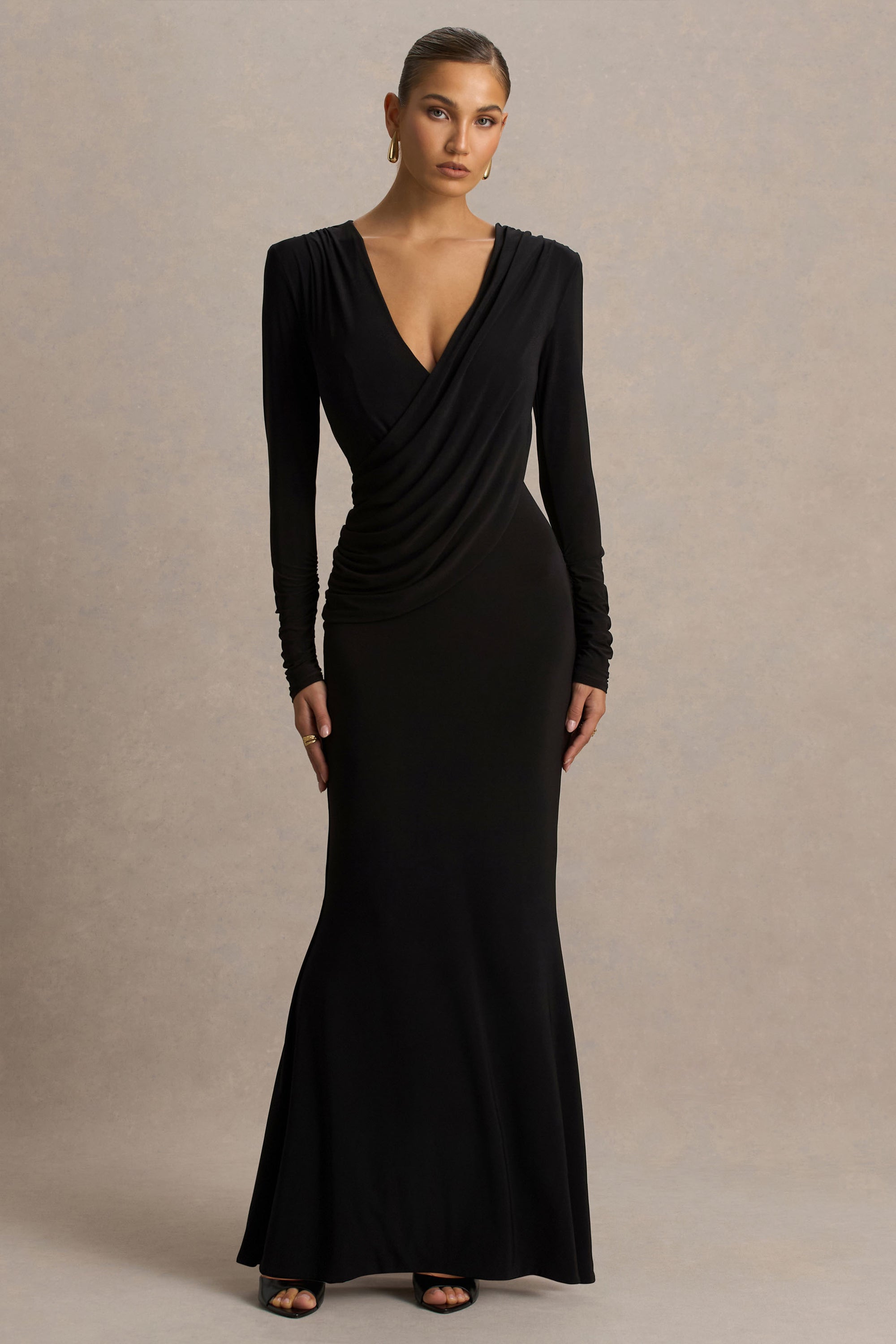 extreme plunge maxi dress Extreme Plunge Neck Split Leg Drape Detail Maxi Dress In Burgundy Slinky | EGO US