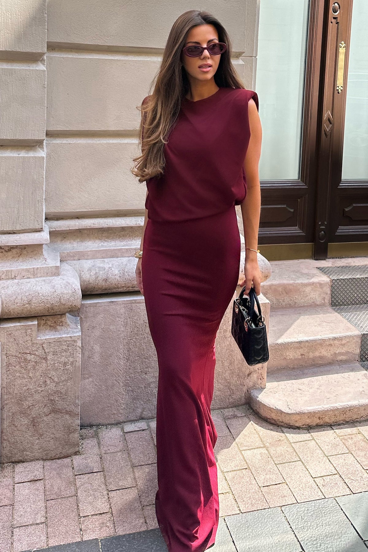 Meave | Burgundy Boat-Neck Maxi Dress With Draped Detail - UK 10 Burgundy Meave | Burgundy Boat-Neck Maxi Dress With Draped Detail - UK 10 Burgundy